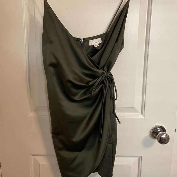 Olive Satin Wrap Slip Dress - Picture 2 of 4